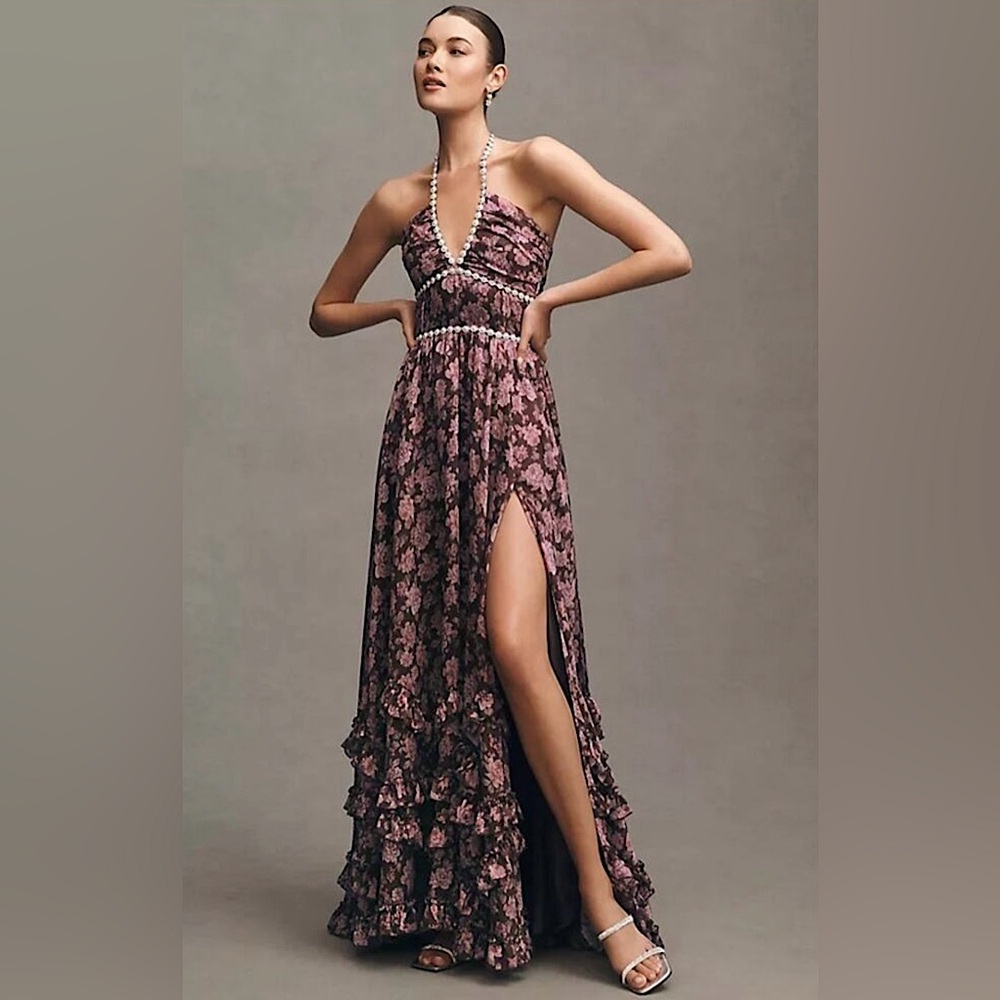V. Chapman, Scarlette Ruffle Maxi Dress in “Chocolate Peony”, Size 2/XS